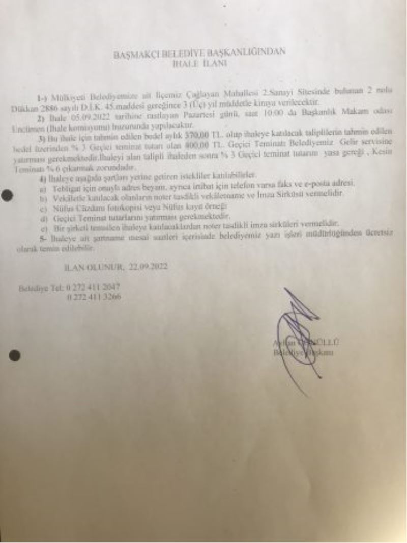 Başmakçı Belediye Başkanlığından İhale İlanı