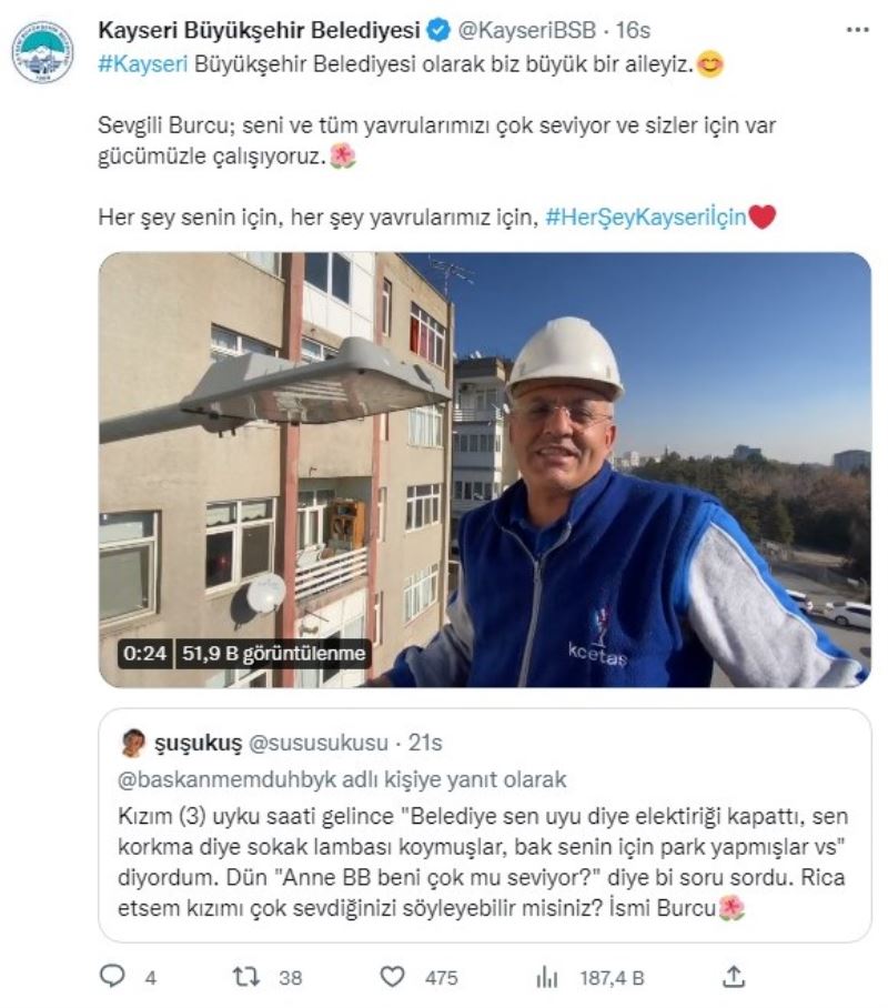 Büyükşehir’den Minik Burcu’ya: “Seni Çok Seviyoruz”