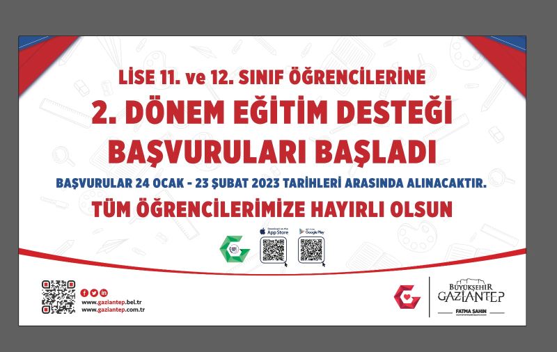 GAZİANTEP BÜYÜKŞEHİR’DEN 11 ve 12’NCİ SINIFLARA 1200 TL EĞİTİM DESTEĞİNİN İKİNCİ DÖNEM BAŞVURULARI BAŞLADI