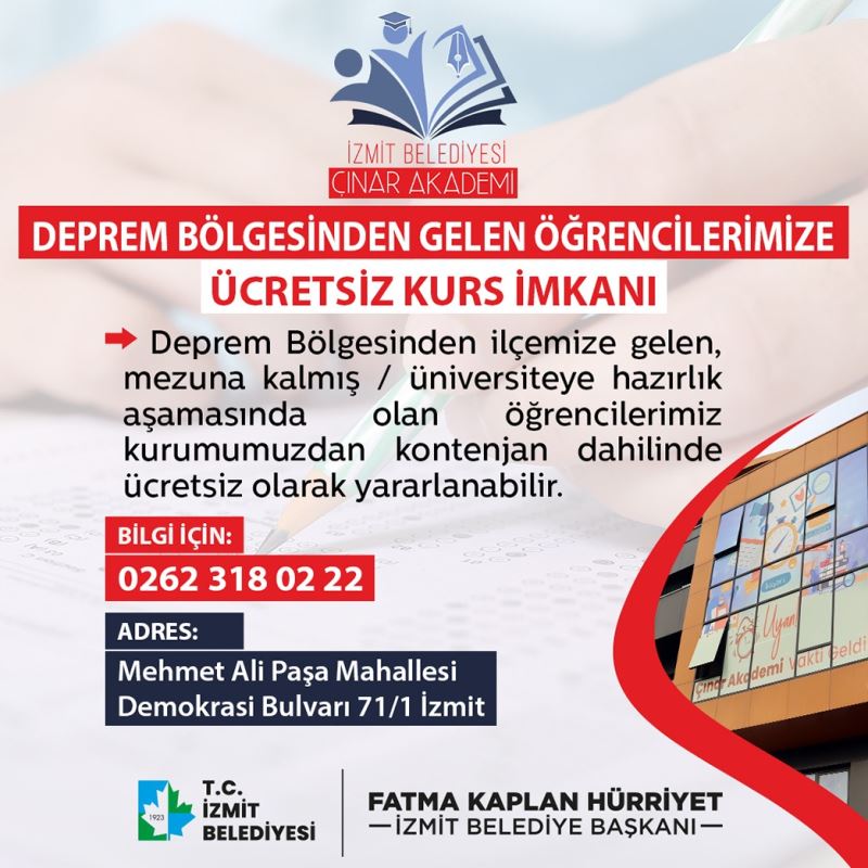 İZMİT ÇINAR AKADEMİ’DEN DEPREMZEDE ÖĞRENCİLERE ÜCRETSİZ KURS İMKANI
