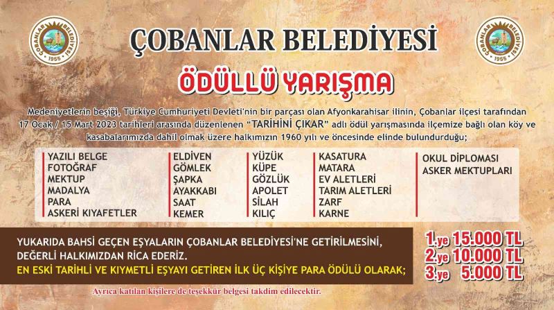 Çobanlar Belediyesi ‘‘Tarihini Çıkar ’’ adlı Ödül Yarışması