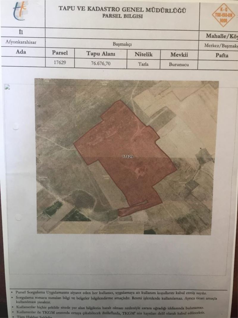 İhale İlanı Burunucu mevkii 17629 parsel Tarla Satışı