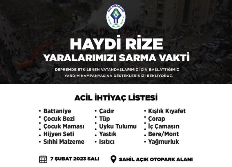 RİZE BELEDİYESİ SAHİL OTOPARKTA YARDIM TOPLAMA MERKEZİ KURUYOR
