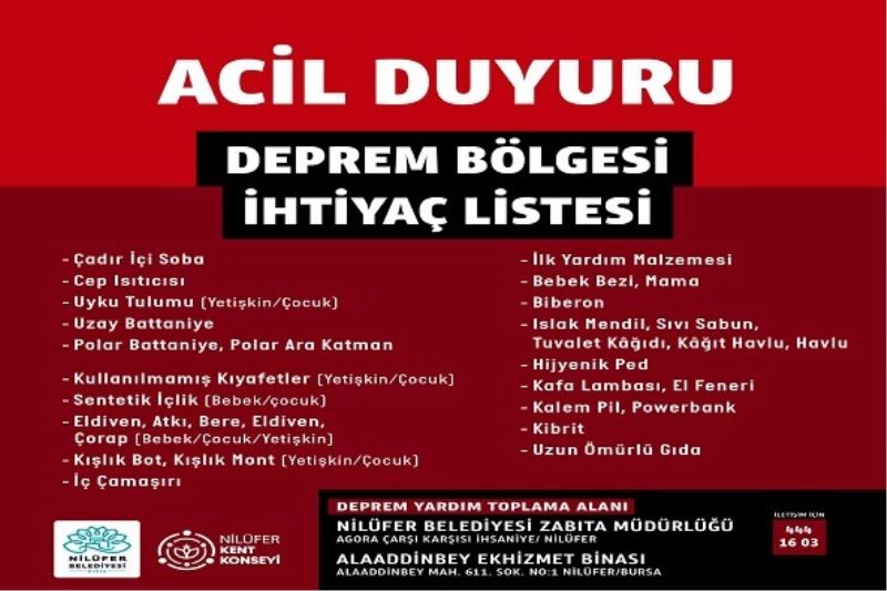 Nilüfer Belediyesi deprem bölgesi için yardım kampanyası başlattı