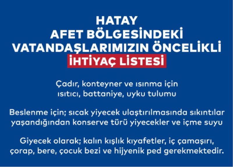 HATAY İÇİN ÖNCELİKLİ İHTİYAÇ LİSTESİ
