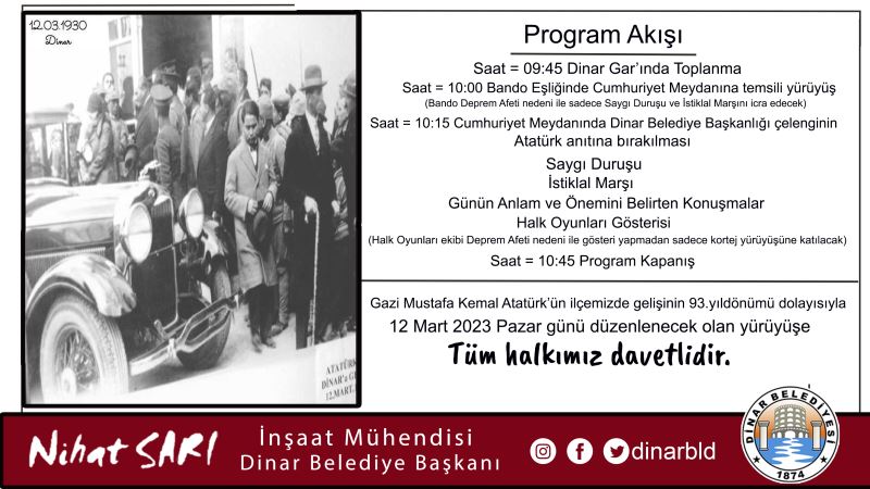 Mustafa Kemal Atatürk’ün ilçemize gelişinin 93.yıldönümü programı