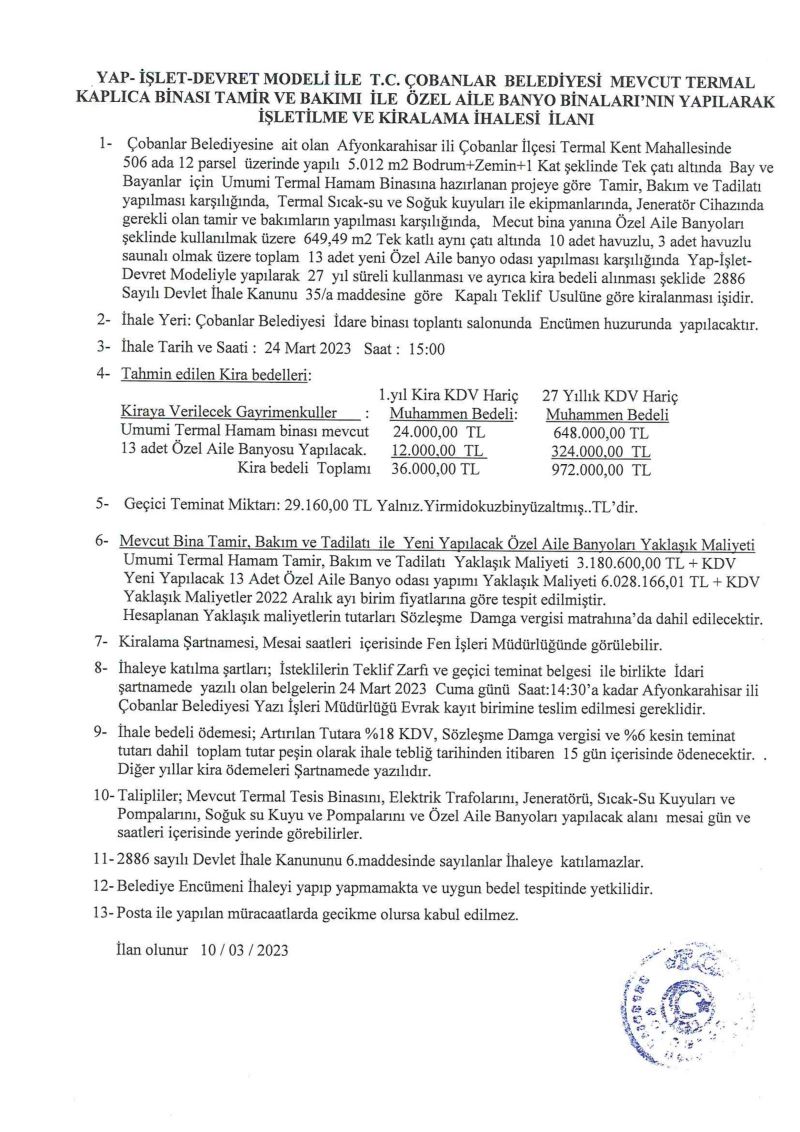 Çobanlar Belediyesi Mevcut Termal Kaplıca Binası Tamir Bakımı ile Özel Aile Banyo Binaları nın Yapılarak İşletme ve Kiralama İhalesi İlanı