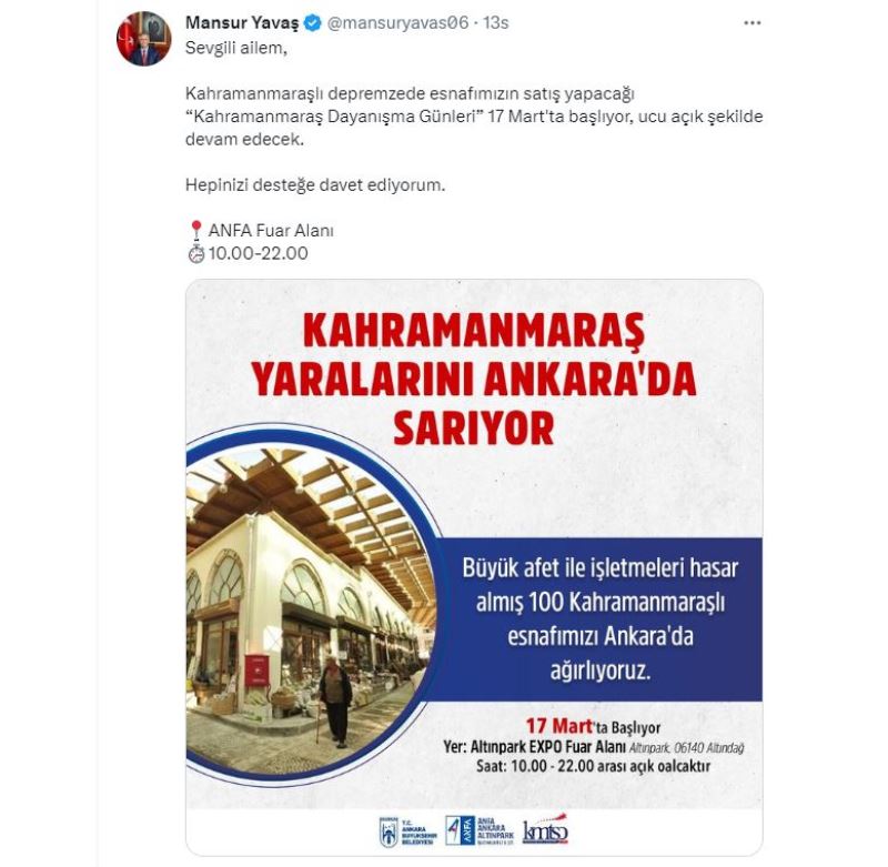 KAHRAMANMARAŞLI ESNAFLAR YARALARINI BAŞKENTTE SARIYOR: ANKARA’DA KAHRAMANMARAŞ DAYANIŞMA GÜNLERİ