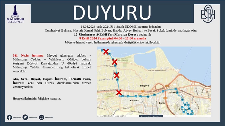 8 Eylül Pazar sabahı ulaşıma maraton düzenlemesi